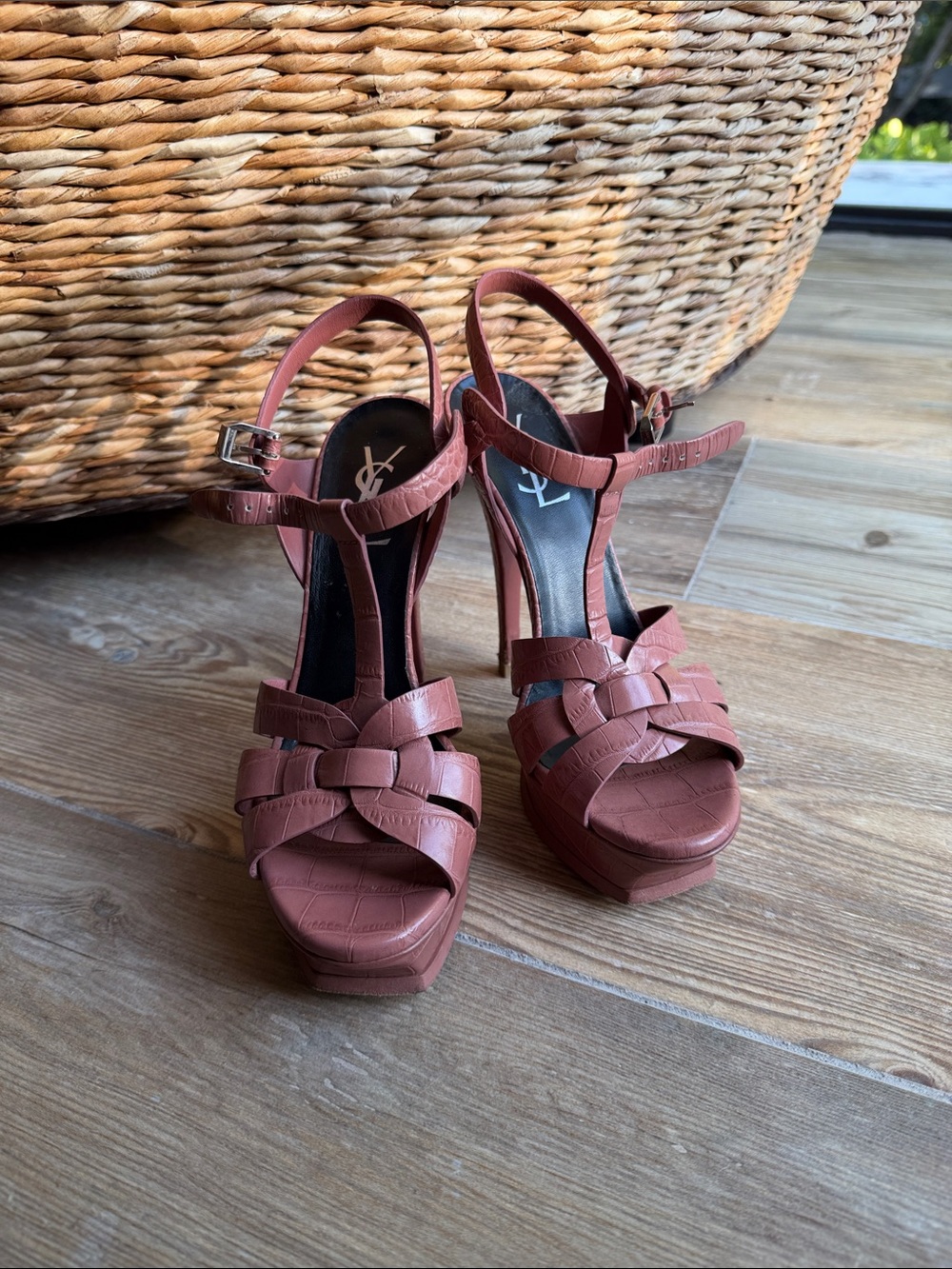 Yves Saint Laurent Terracotta Leather Platform T-Strap Heels 36.5
